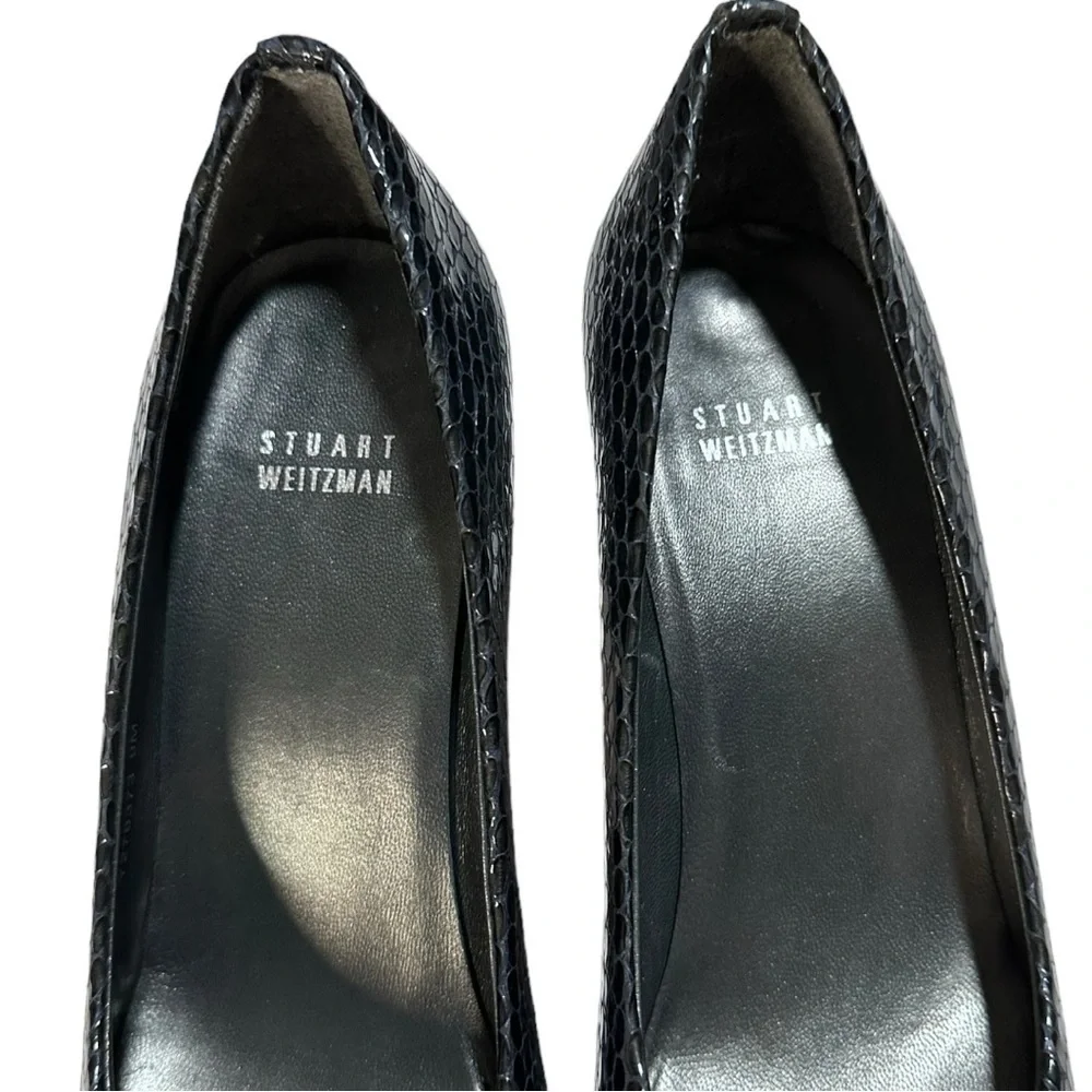Stuart Weizmann Blue Leather Logoplainfield Snakeskin Peep Toe Pump Shoe 9 W
